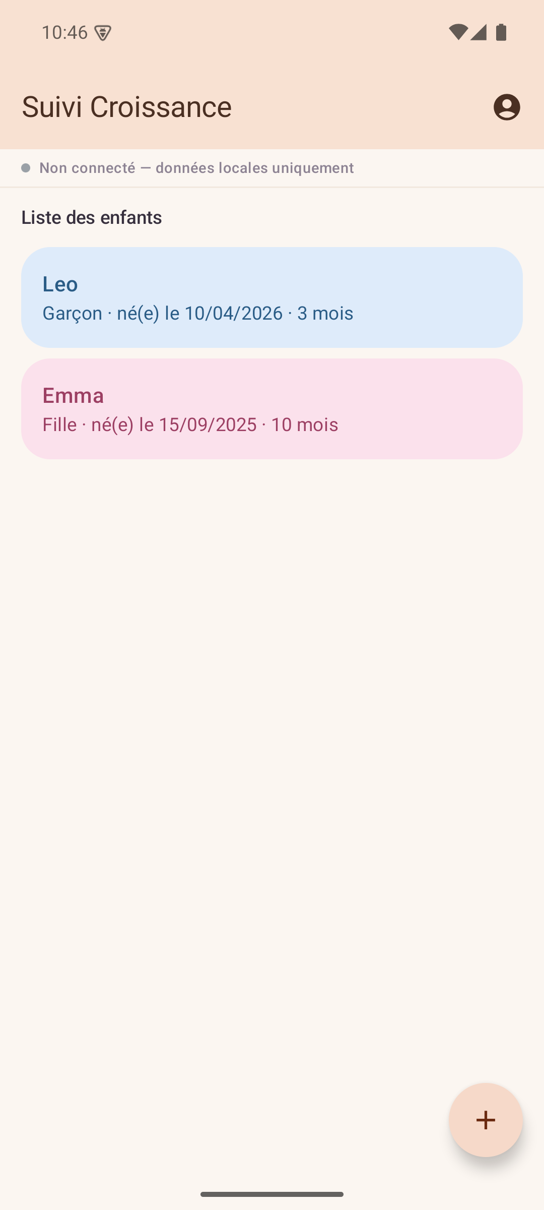 Écran d'accueil avec la liste des enfants suivis